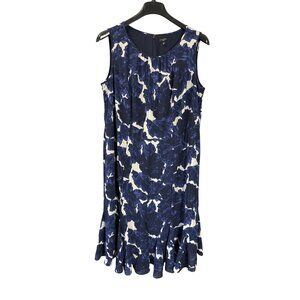 Talbots Woman 16W Abstract Floral Midi Dress Fit & Flare Flounce Navy Blue White